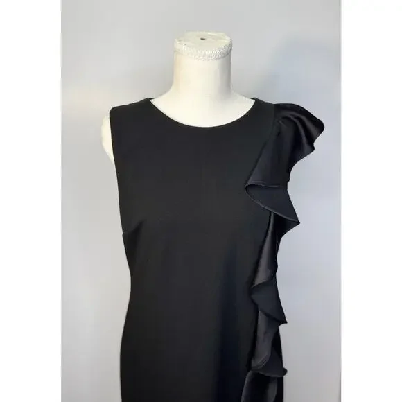 White House Black Market Black Ruffle Sheath Dress Medium Petite MP Cocktail LBD - Picture 11 of 16